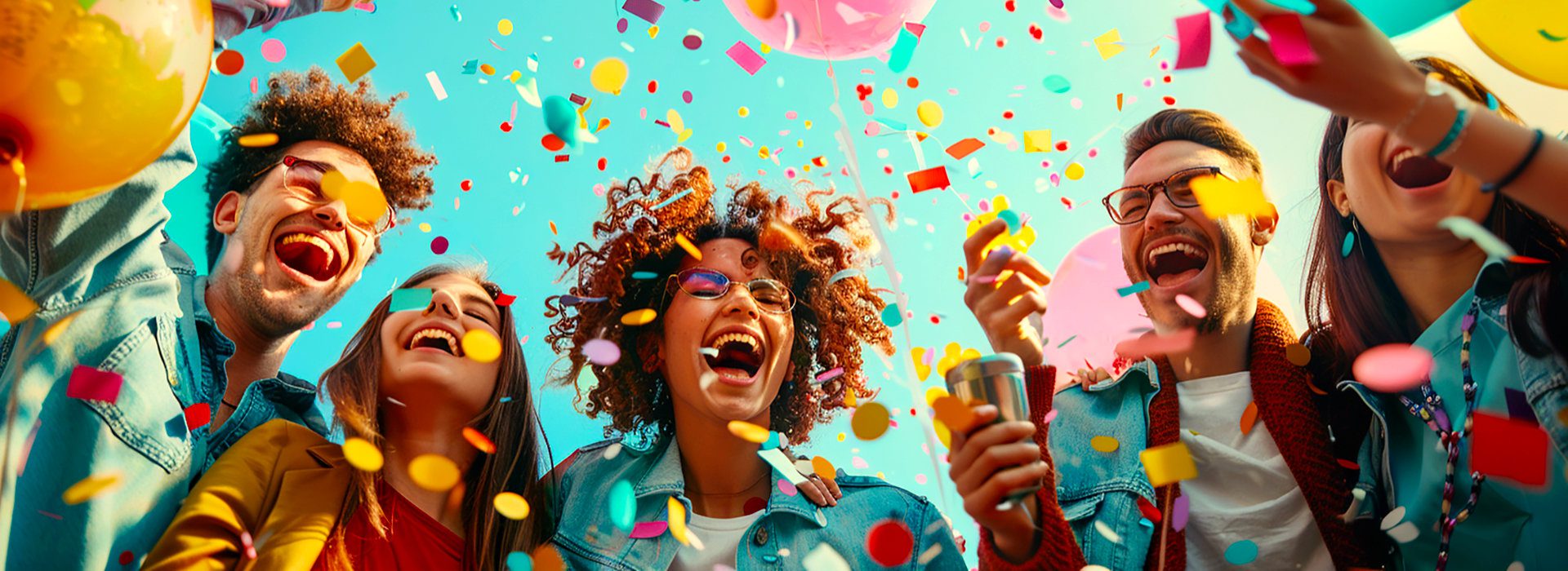 Groep mensen lacht en gooit confetti in de lucht.