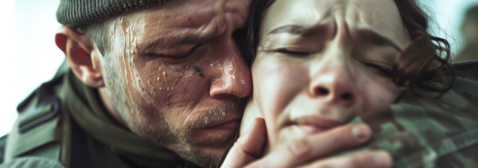 Man staat emotieloos en gespannen, vrouw huilt tegen hem aan.