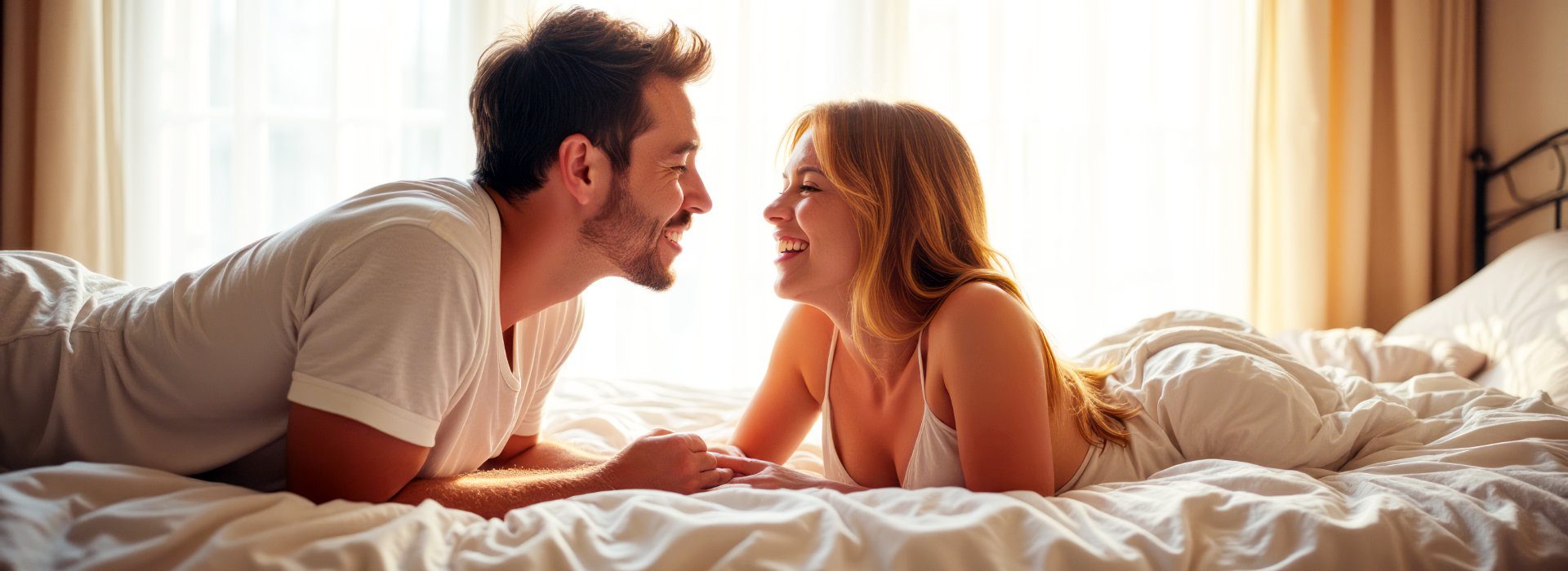 Man en vrouw liggen tegenover elkaar in bed en kijken elkaar aan. 