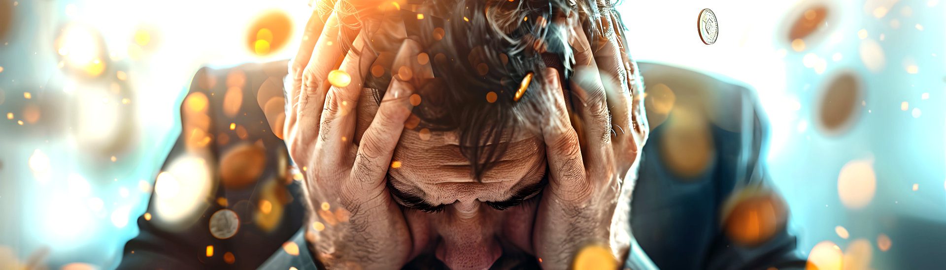 Uitstelgedrag - inzicht in mentale blokkades en patronen. Coach Freek, 30 jaar ervaring in coaching. Persoon zit voorover gebogen met zijn handen voor het gezicht.