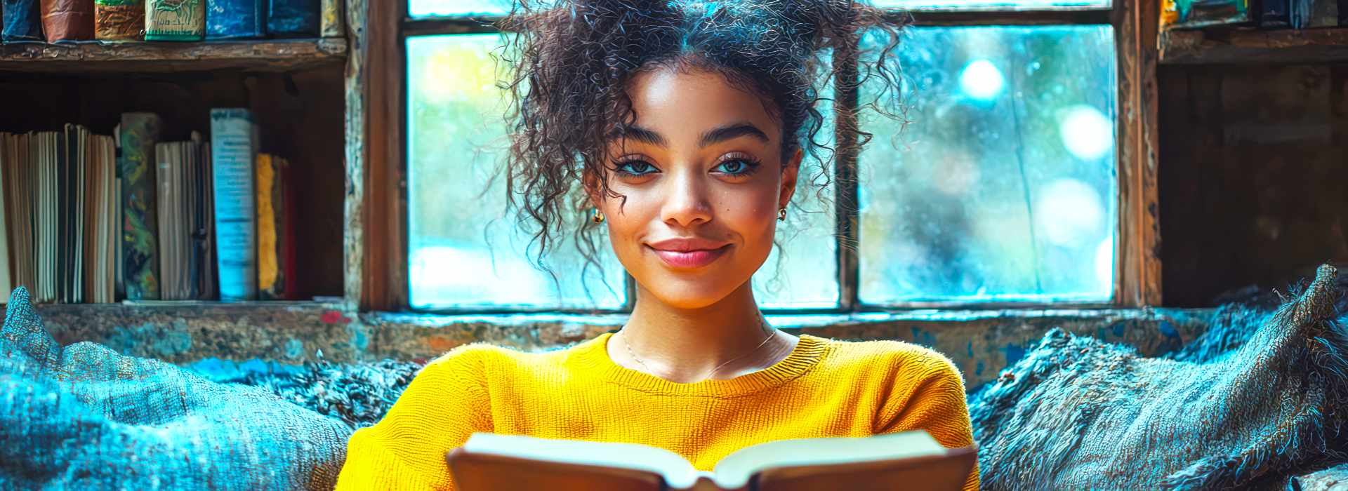 Jonge vrouw leest rustig op de bank een boek. 
