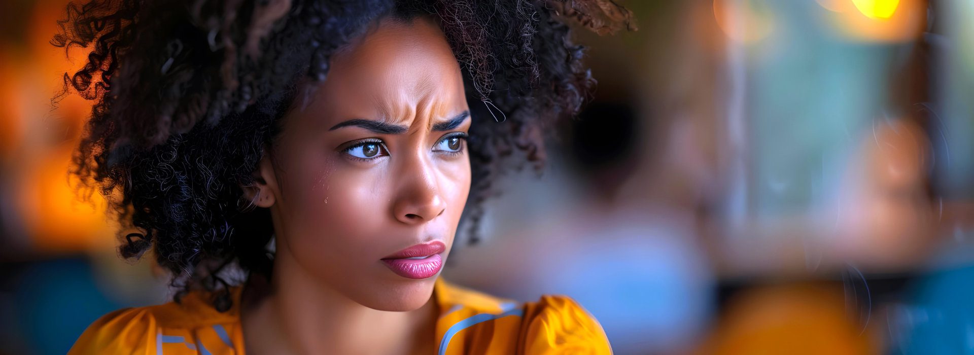 Faalangst en de druk om het goed te doen. Vrouw kijkt gespannen voor zich uit.