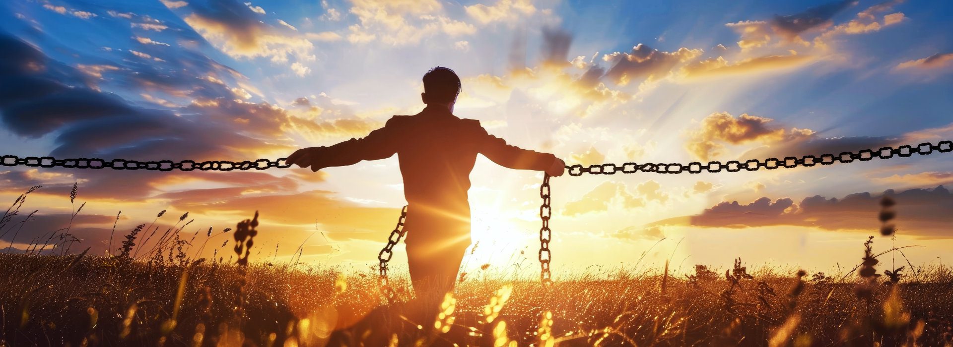 Persoon staat met gespreide armen tegen een zonsondergang, kettingen hangen los. 
