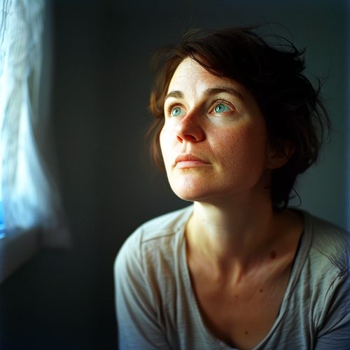 Vrouw kijkt gespannen voor zich uit, beeld bij faalangst en innerlijke druk