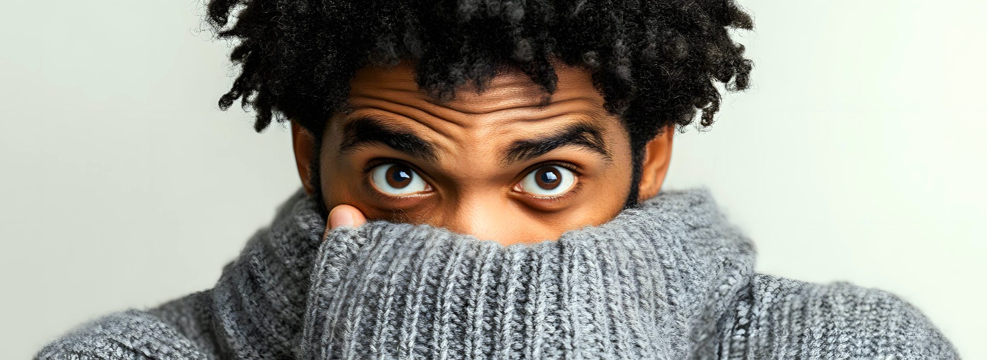 Een man die zich verschuilt achter een trui. Alleen de ogen zichtbaar. Spanning. Terugtrekken. Beschermen. Niet gezien worden, maar ook niet verdwijnen