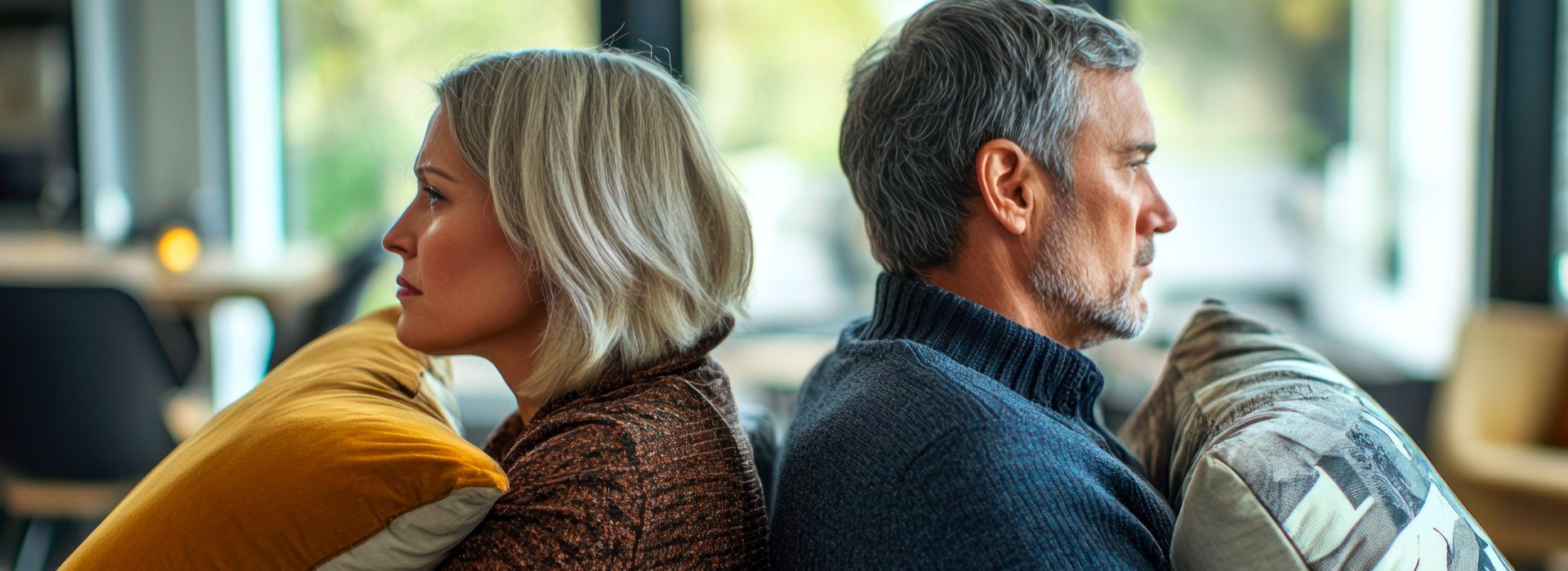 Man en vrouw zitten zwijgend van elkaar afgewend, beeld van relatieproblemen en emotionele afstand