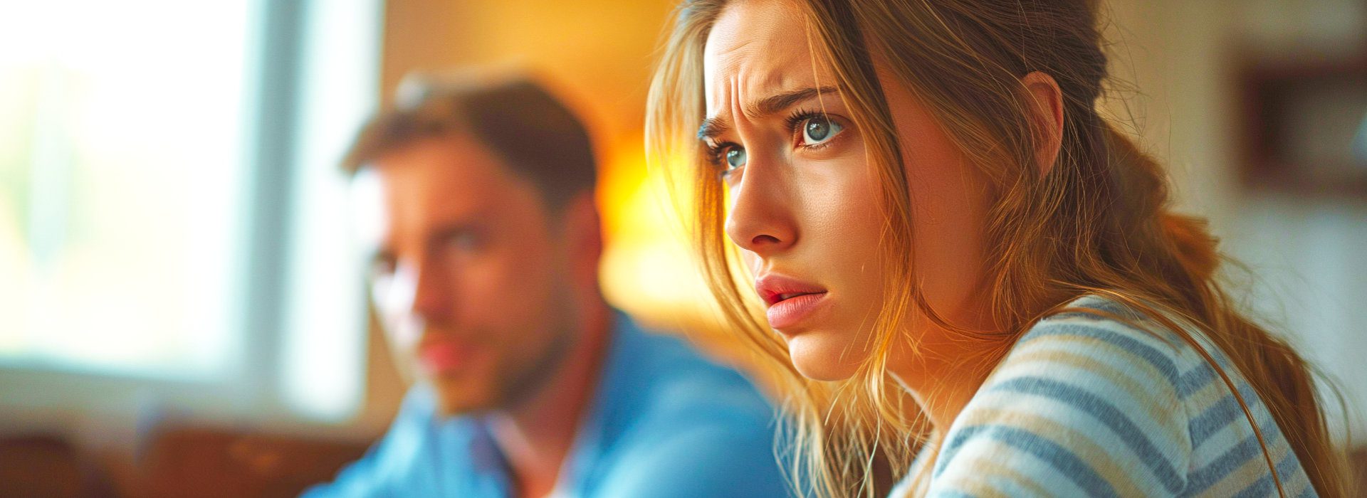 Vrouw kijkt gespannen voor zich uit terwijl een man op de achtergrond blijft. 
