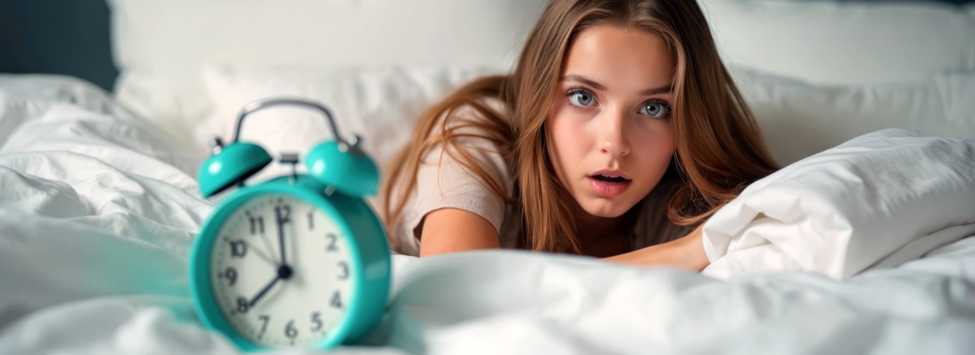Vrouw ligt wakker in bed en kijkt verbaasd naar een wekker op het nachtkastje. 
