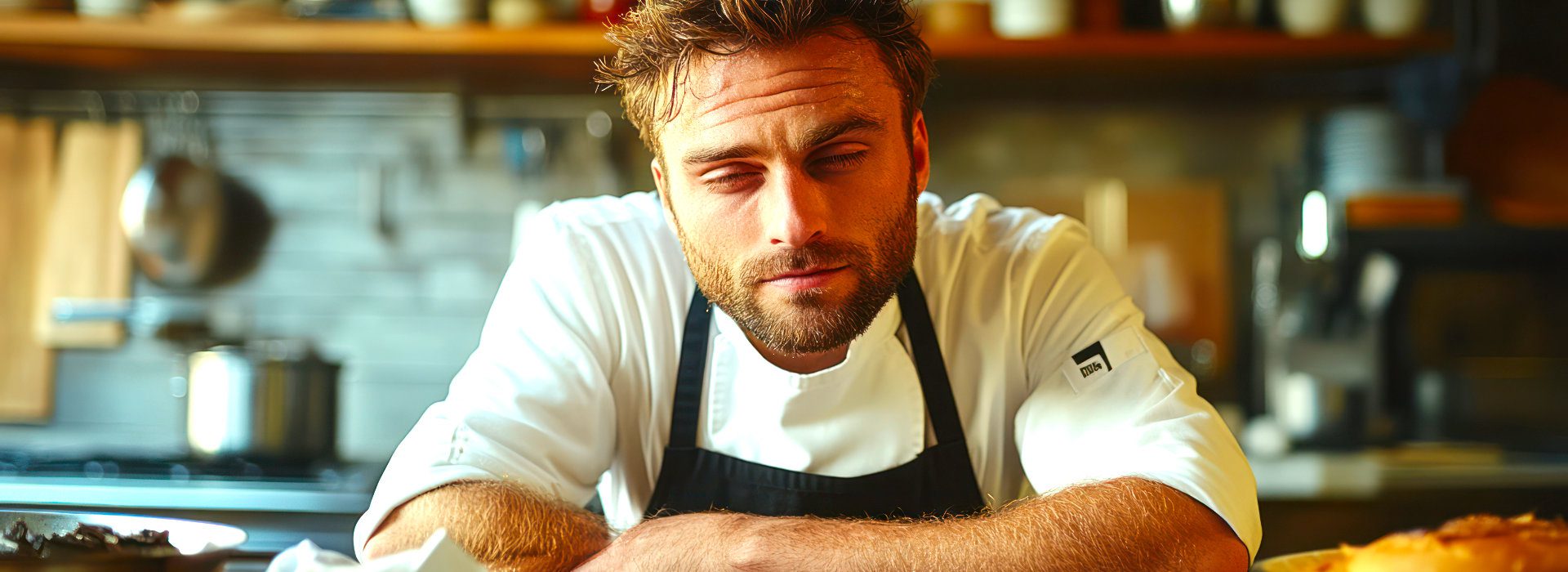 Man zit uitgeput aan een werkbank, zichtbaar vermoeid en leeg. 