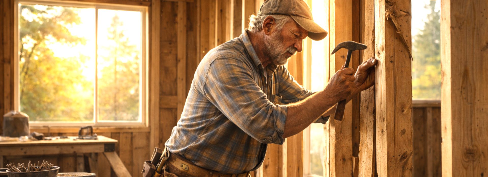 Oudere timmerman op een bouwplaats als beeld bij een tekst van coach en psycholoog Freek in Drachten over toekomst, levenskeuzes en bewust leven