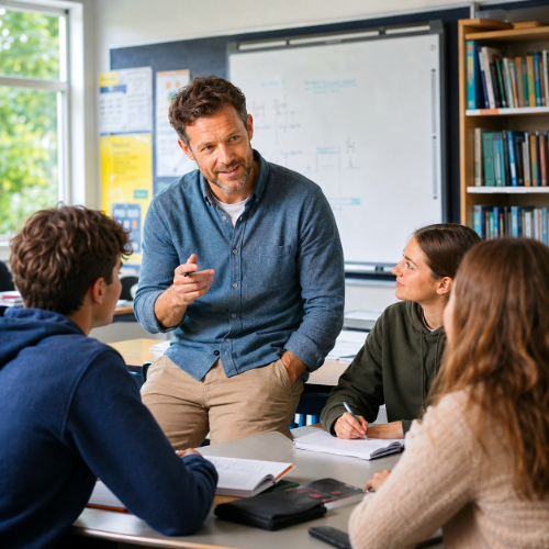 Leraar geeft met hernieuwde energie les aan middelbare scholieren na burn-out.