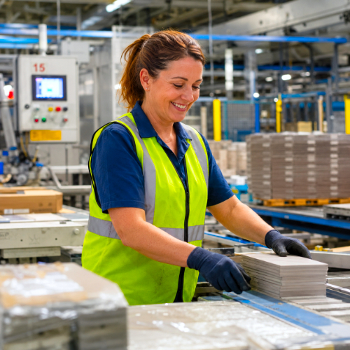 Vrouw pakt met hernieuwd werkplezier haar werk in de fabriek weer op na burn-out.