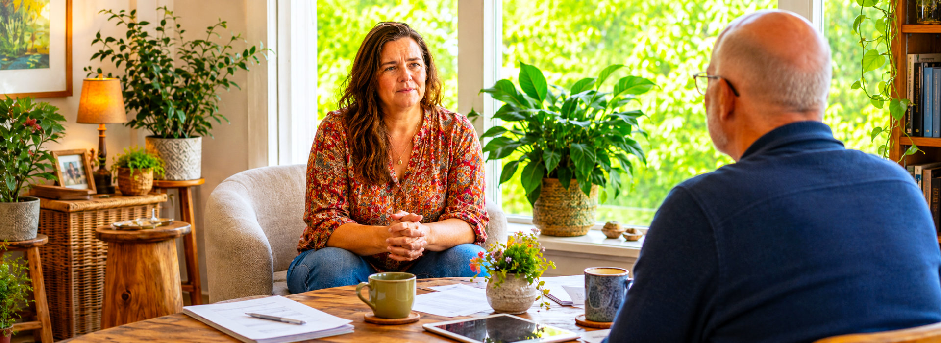 Vrouw voert coachingsgesprek over verleden loslaten en levensvragen