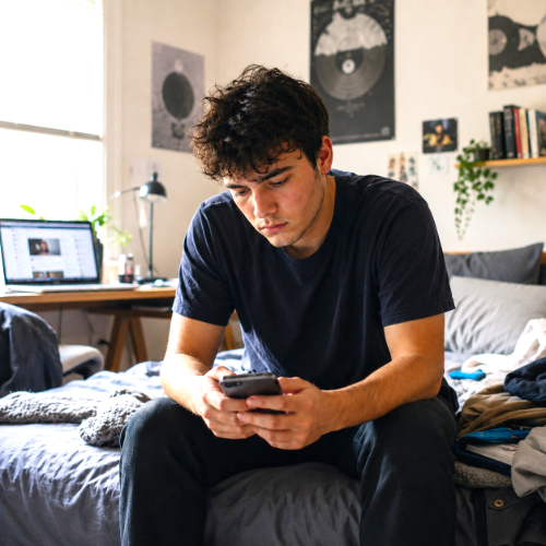 Jongeman zit somber op bed met smartphone bij depressie en somberheid