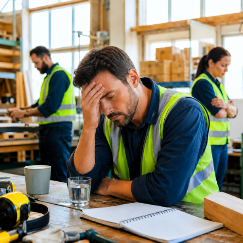 Vermoeide werknemer op de werkvloer met stress en emotionele overbelasting