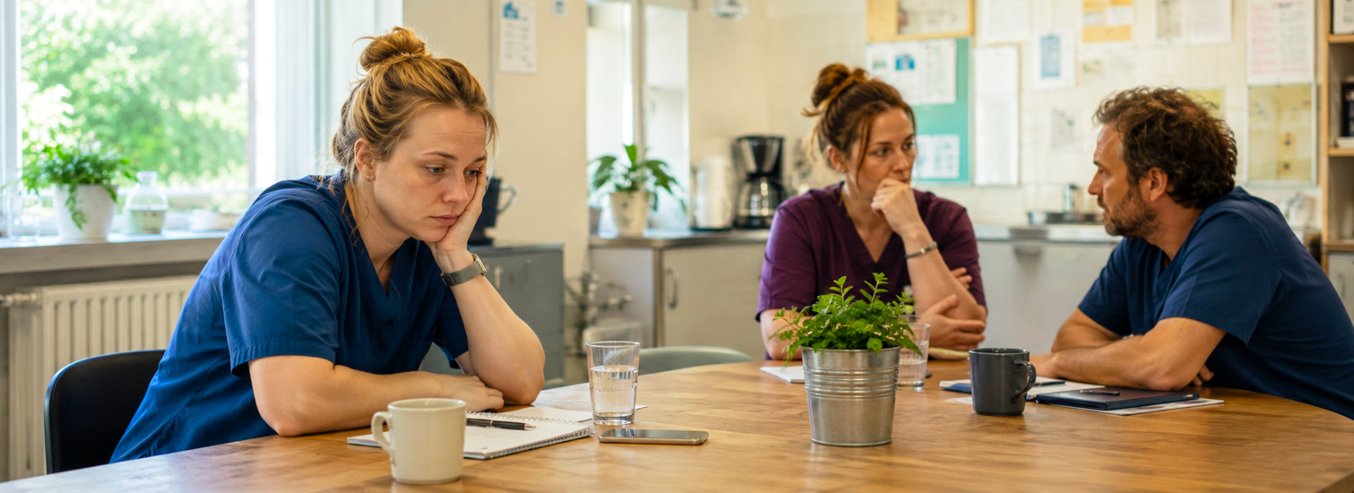 Drie medewerkers in gespannen overleg over emotionele overbelasting op het werk
