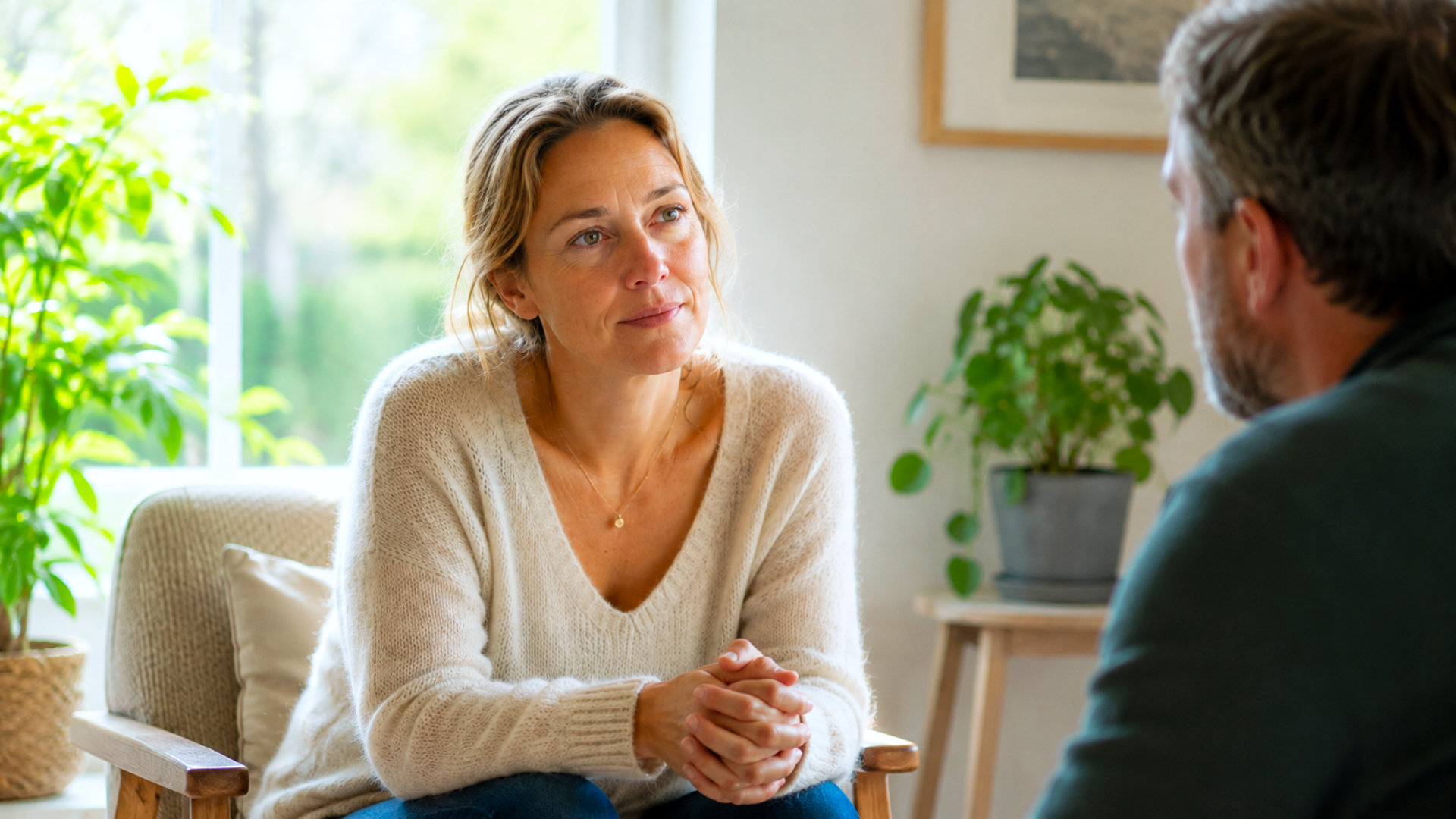 Vrouw in persoonlijk gesprek met coach Freek van Spreek met Freek
