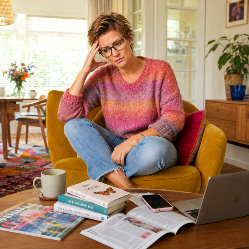 Vrouw zit thuis nadenkend in een stoel met laptop en boeken als beeld voor hulp bij veranderen