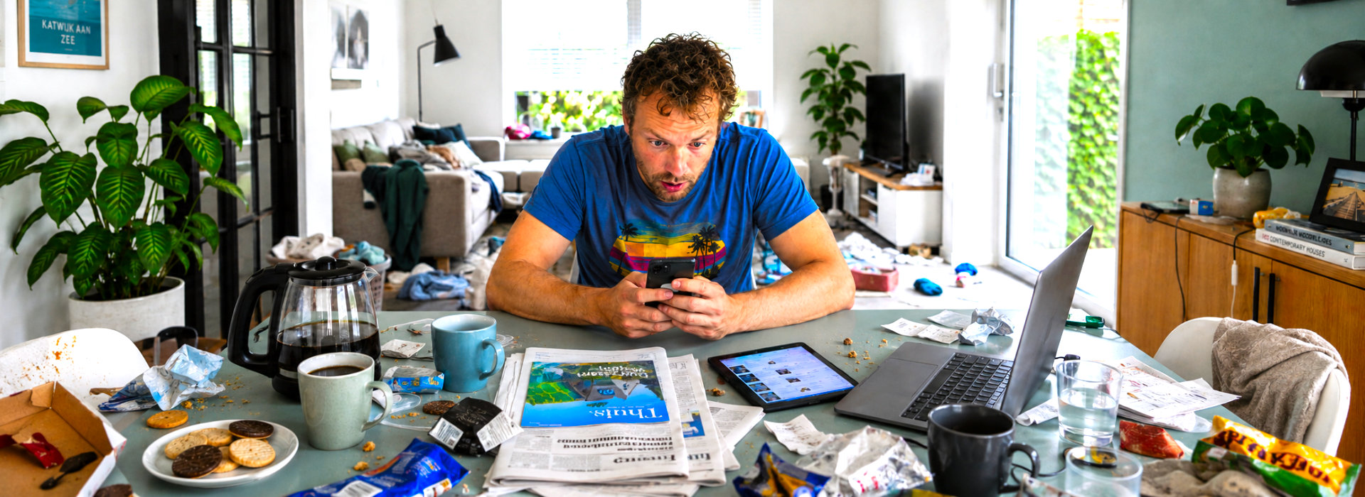 Man zit tussen rommel aan tafel en kijkt gespannen op zijn smartphone als beeld voor verslaving