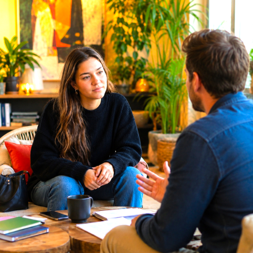 Jongvolwassene in gesprek met een coach tijdens jongerencoaching bij Spreek met Freek