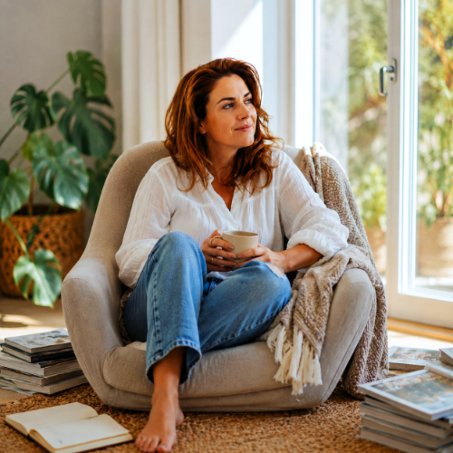 Vrouw zit rustig bij het raam met een kop koffie, als beeld voor reflectie binnen de mensvisie van Spreek met Freek.