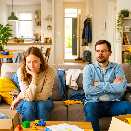 Stel zit afstandelijk op de bank tijdens spanningen en relatievragen.
