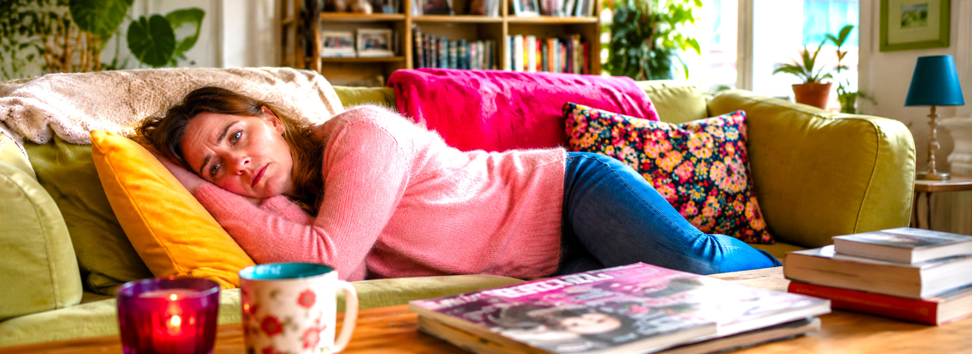Vrouw ligt verdrietig op de bank bij problemen met seksualiteit na misbruik.