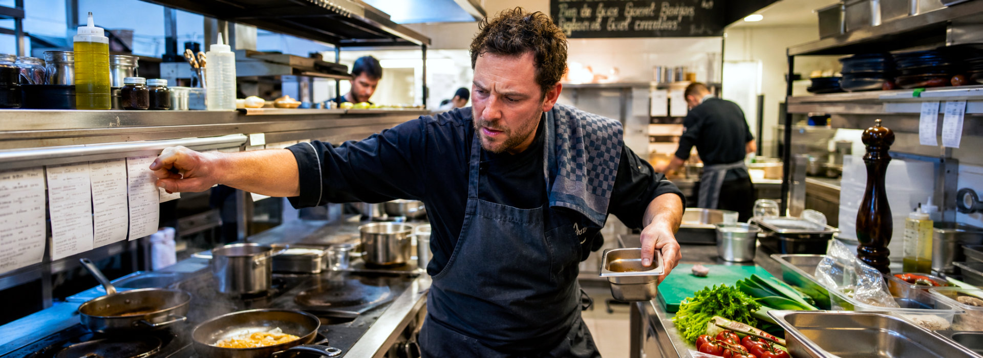 Kok controleert bestellingen in een drukke restaurantkeuken tijdens hoge werkdruk
