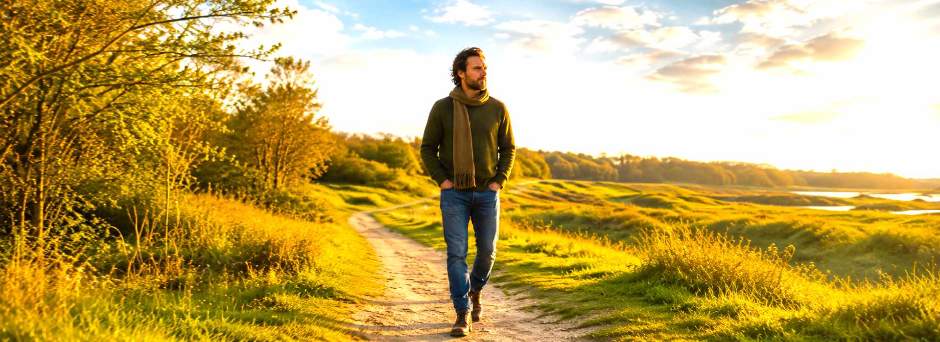 Man loopt over een natuurpad bij warm licht, als beeld voor reflectie en beweging binnen organisatiecoaching.