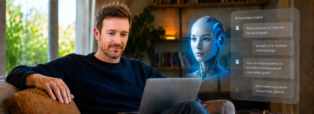 Man met laptop praat thuis met een hologram van een vrouwelijke AI-coach over digitale coaching en menselijk contact