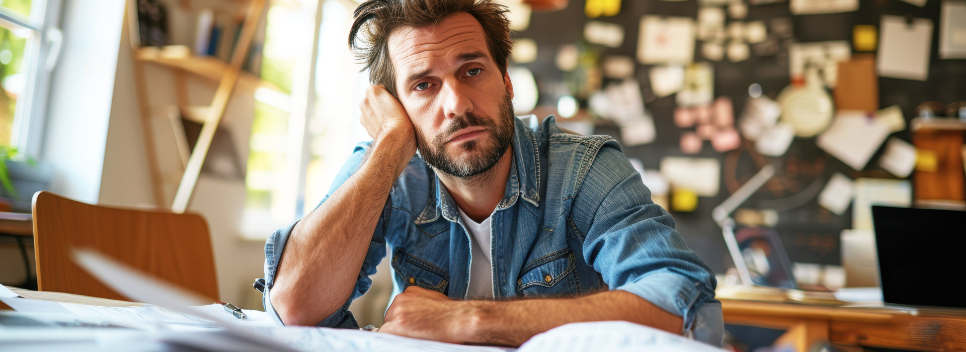 Uitgeputte man zit aan een rommelig bureau bij burn-out/