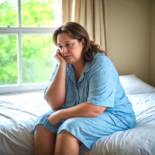 Somber ogende vrouw zit op bed bij coaching voor depressie en somberheid