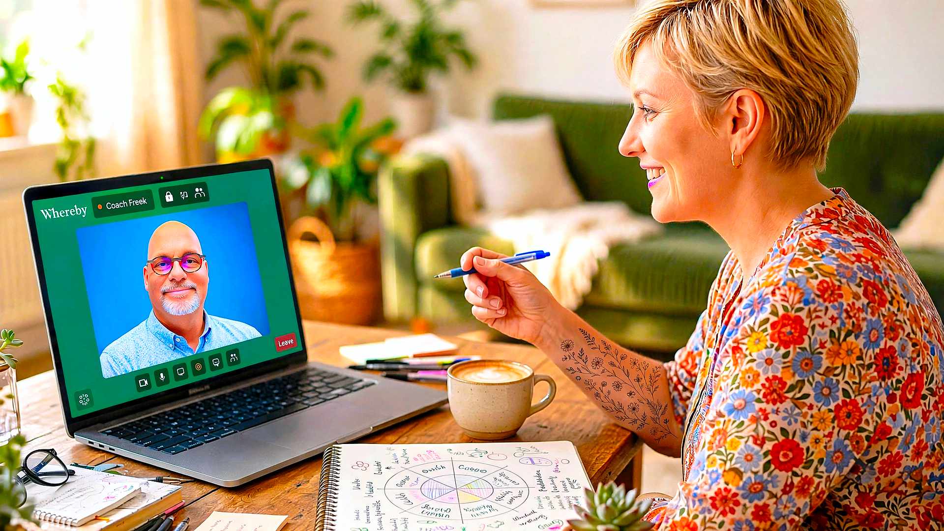 Vrouw in een online coachgesprek met coach Freek via Whereby