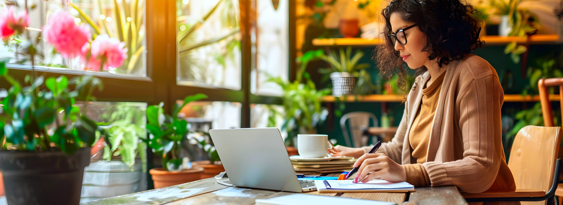 Vrouw maakt aantekeningen tijdens online coaching via haar laptop in een rustige omgeving