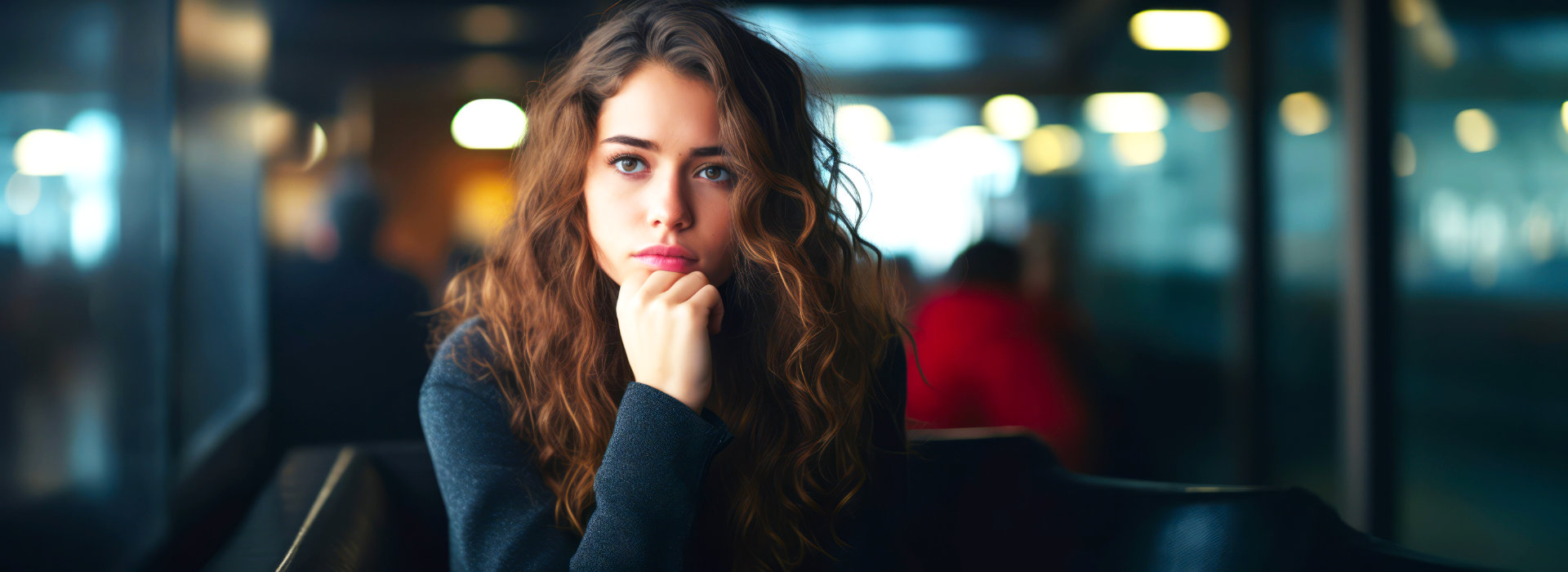 Jonge vrouw zit nadenkend met haar hand onder haar kin en kijkt onzeker voor zich uit