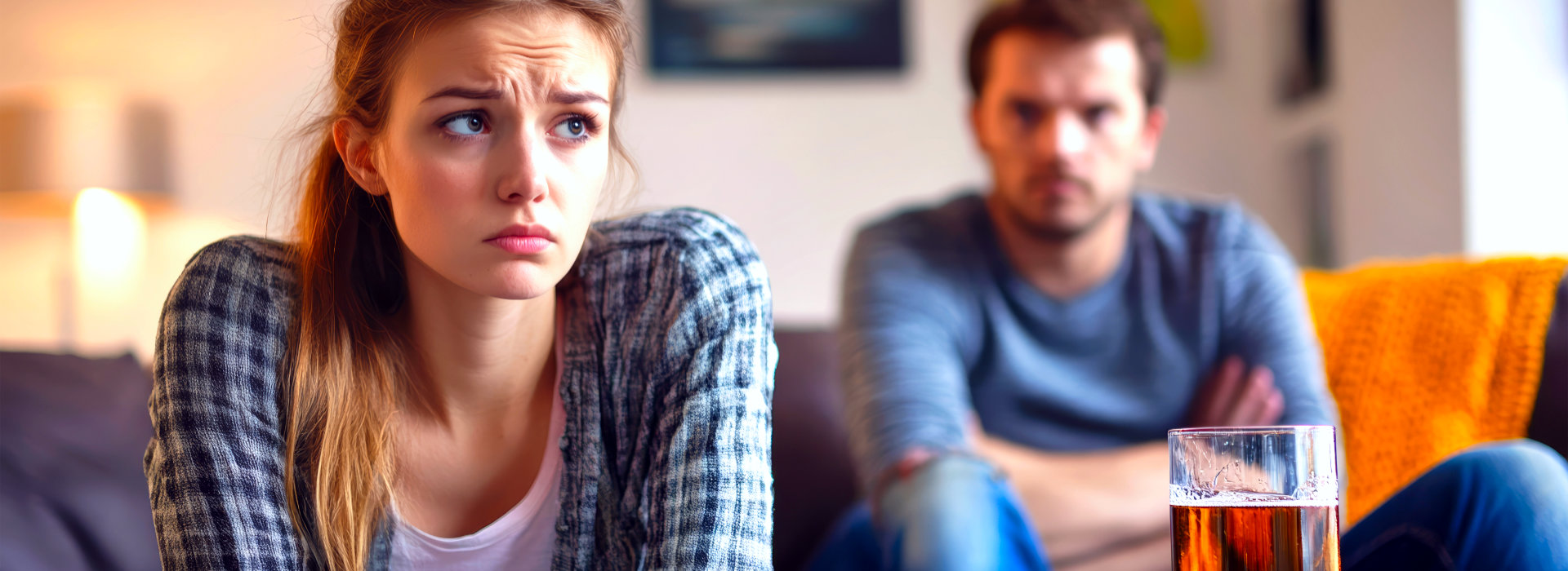 Vrouw kijkt verdrietig weg terwijl haar partner gesloten achter haar zit bij relatieproblemen.