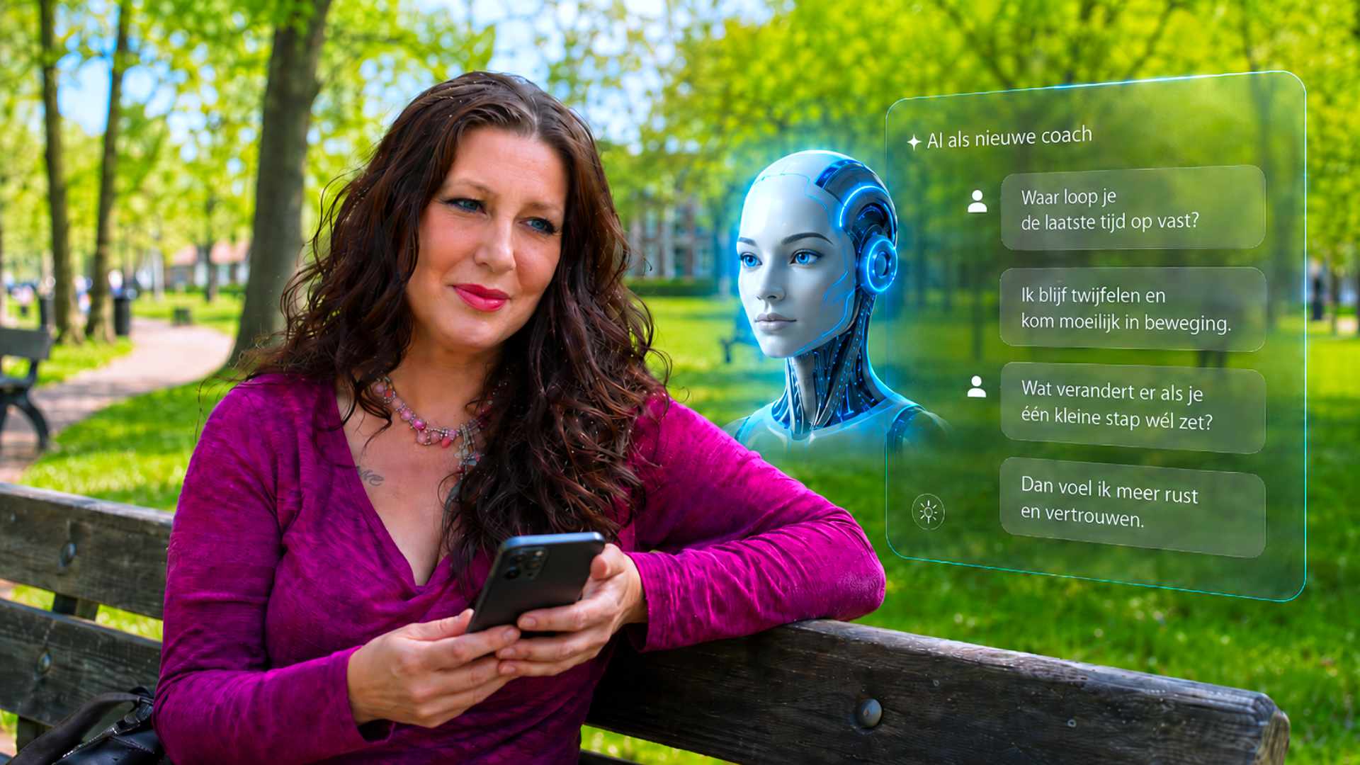 Vrouw met smartphone zit op een bank in het park en praat met een AI-coach terwijl echt menselijk contact centraal staat