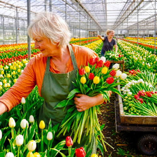 Medewerkers werken met plezier samen tussen de tulpen, als beeld van coaching en werkplezier bij Spreek met Freek.