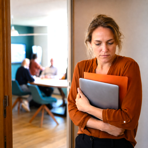 Medewerker staat onzeker buiten een overleg, als beeld van faalangst op het werk en coaching bij Spreek met Freek.