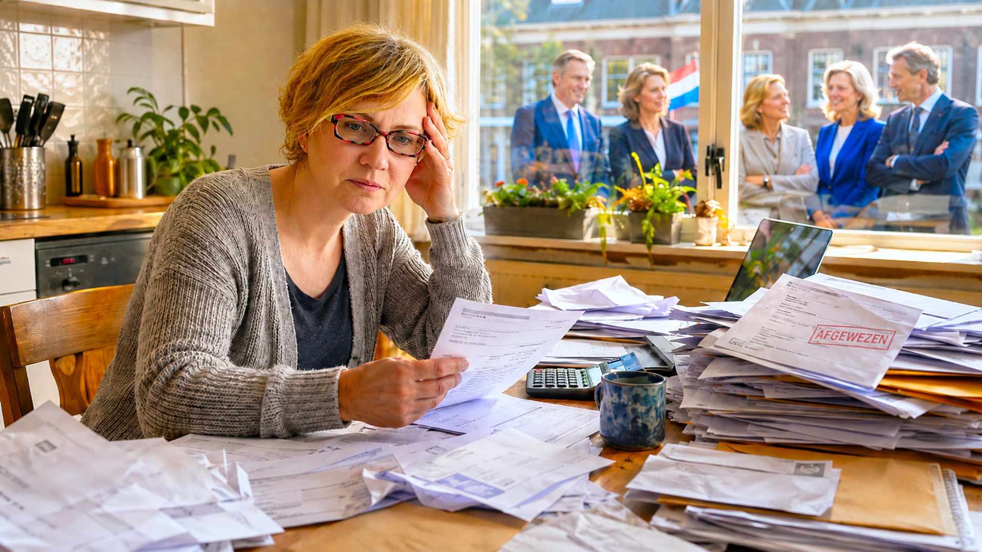 Vrouw zit thuis tussen stapels formulieren en afgewezen brieven, als beeld bij de Wet proactieve dienstverlening op de NieuwsBlog van Spreek met Freek.