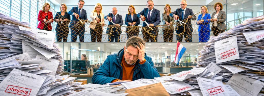 Man zit vast tussen stapels formulieren en afwijzingen, als beeld bij de Wet proactieve dienstverlening op de NieuwsBlog van Spreek met Freek.