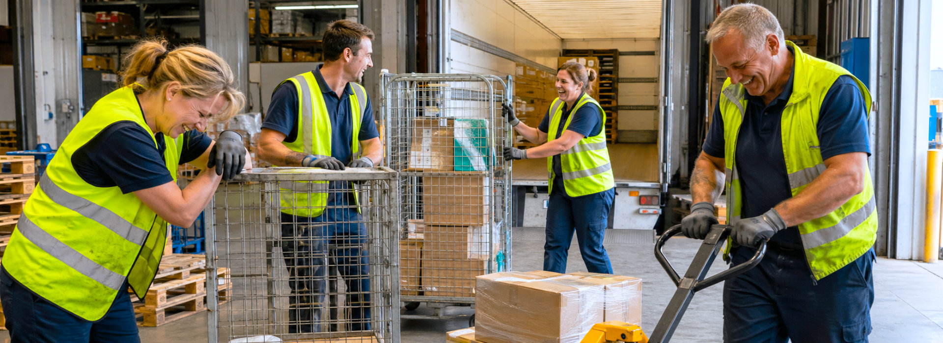 Medewerkers werken lachend samen in een logistieke omgeving, als beeld van werkplezier op de werkvloer bij Spreek met Freek.