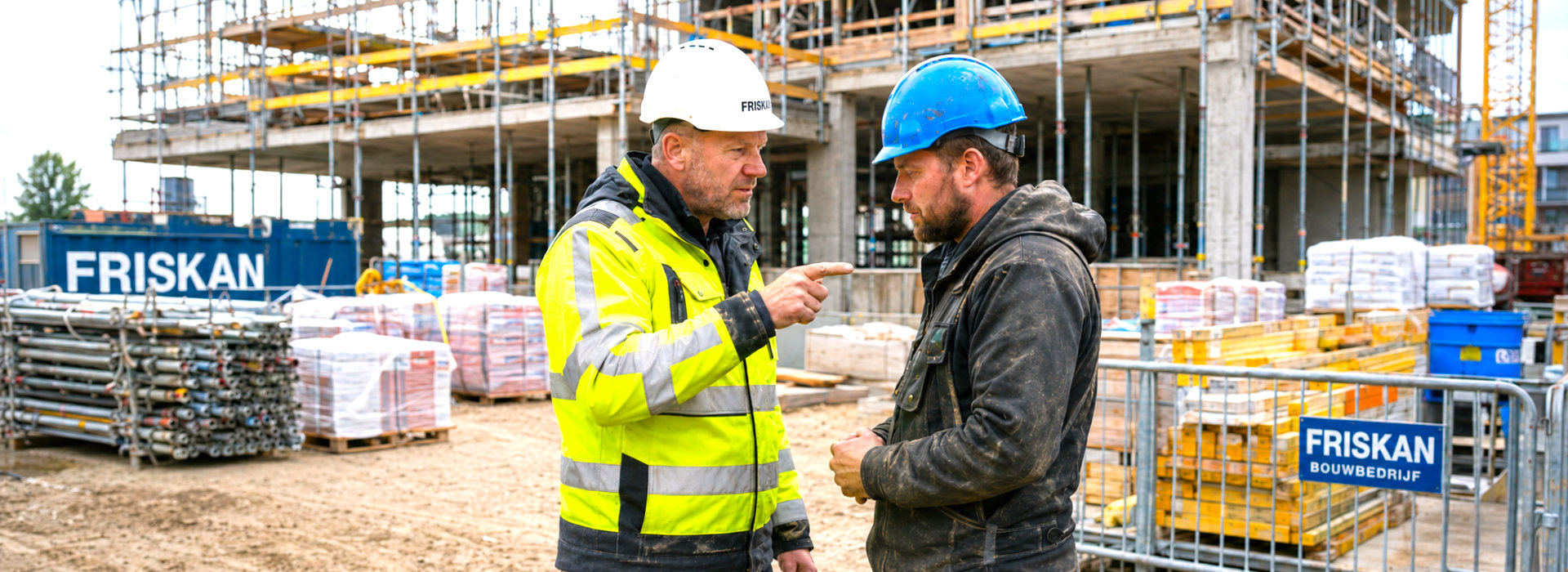 Voorman spreekt bouwmedewerker indringend aan, als beeld bij grenzen stellen zonder schuldgevoel binnen WerkPrikkels van Spreek met Freek.