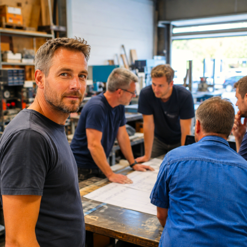 Medewerker kijkt vooruit terwijl collega’s overleggen aan een werktafel, als beeld bij organisatiecoaching en WerkPrikkels van Spreek met Freek.