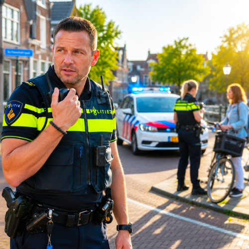 Politieagent staat alert bij een melding op straat, als beeld bij preventie en coaching door Spreek met Freek.