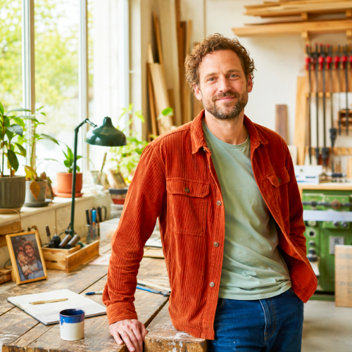Man staat in een werkplaats en kijkt open naar voren, als beeld bij mensvisie en coaching binnen WerkPrikkels.