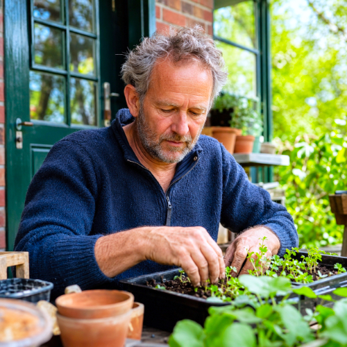 Man verzorgt jonge plantjes, als beeld bij Leefbalans binnen WerkPrikkels en organisatiecoaching.