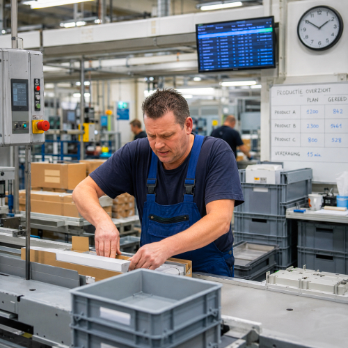 Productiemedewerker werkt geconcentreerd in een fabriek, als beeld voor coaching bij aanhoudende werkdruk.