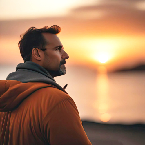 Man kijkt bij zonsondergang over het water tijdens coaching rond zingeving en persoonlijke groei