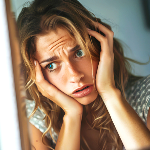 Vrouw kijkt angstig en overprikkeld met haar handen tegen haar gezicht, beeld bij Angst en paniek.